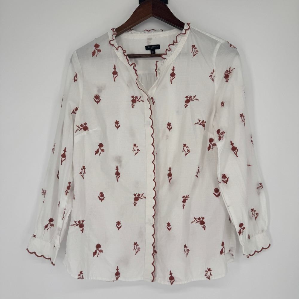 Talbots Embroidered Floral Cotton Blouse MP White Scallop Cottage Boho Feminine